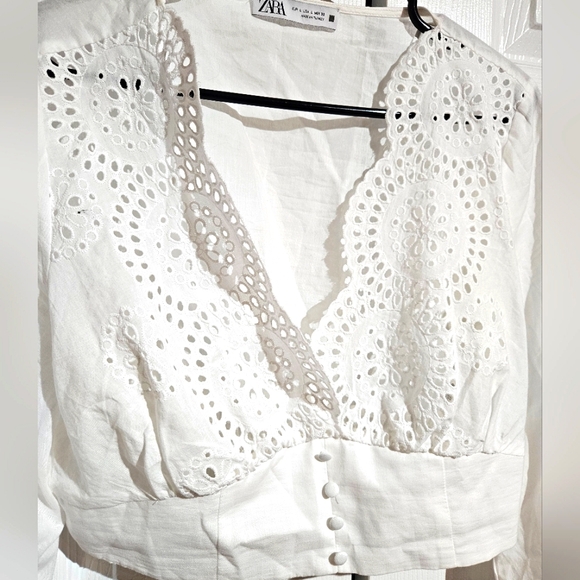 Zara Linen Crop Top | White Size Large | Long Sleeve - Picture 3 of 5